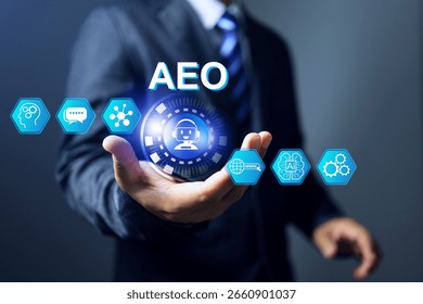 answer engine optimization AEO concept with businessman using optimizing content to digital marketing strategy focused on optimizing content directly used answers by search engines, AI assistants