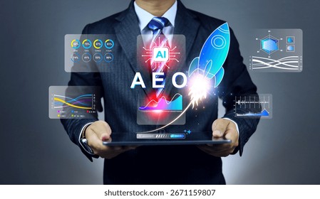 answer engine optimization AEO concept with rocket rising up from tablet screen to optimizing content in artificial intelligence output result