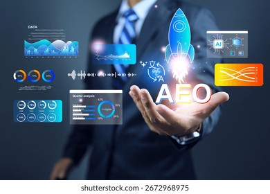 answer engine optimization AEO concept with businessman release rocket to fast action strategy for optimizing answer user queries definitive ai answer in artificial intelligence search result