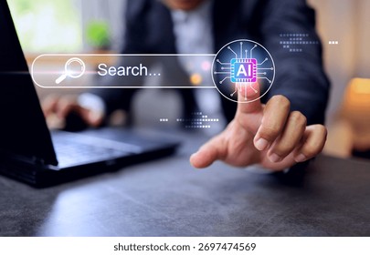 Answer engine optimization AEO concept with hand pointing on search bar referring to searching for information on the internet with AI assistance and answering questions
