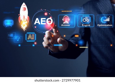 answer engine optimization AEO concept with businessman touch on virtual interface to optimizing answer user queries definitive ai answer in artificial intelligence search results