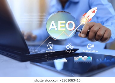 answer engine optimization AEO concept with businessman use magnifying glass to search optimization answer user queries definitive ai answer in artificial intelligence