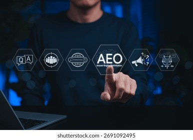 Answer engine optimization (AEO) strategy concept. Person interacts with AEO icons, AI, chatbot, search, Q and A, FAQ, representing modern digital marketing for online visibility, user engagement,