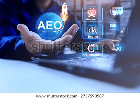 answer engine optimization concept with a person launching rocket from hand represents AEO aims to have content synthesized and cited directly within AI-generated responses