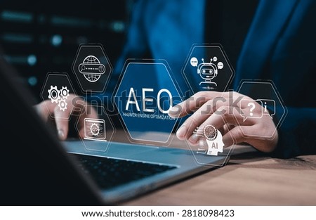 Answer engine optimization concept. Person using laptop and AEO interface to improve AI search visibility, chatbot response, semantic content, website discovery, digital marketing business performance
