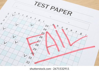 Answer sheet with word Fail on table, closeup. Student passing exam