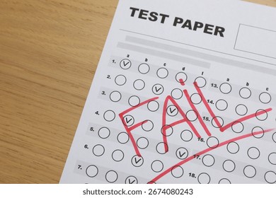 Answer sheet with word Fail on wooden table, above view. Student passing exam