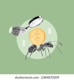 Gastos de hormiga, hormigas cargando dinero, mano con lupa, análisis de gastos hormigueros, pequeños gastos, análisis de pequeños gastos, micro gastos, buenas finanzas