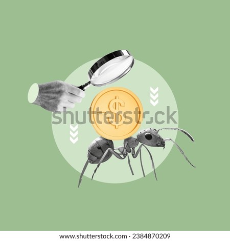 Ant expenses, ant carrying money, hand with magnifying glass, analyzing ant expense, small expenses, analyzing small expenses, micro expenses, good finances Foto stock © 