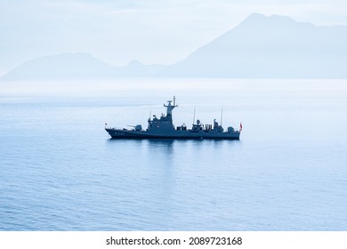 
Antalya Province, Turkey - November 08, 2021: Turkish Missile Boat Meltem Of The Kilich Class In The Coastal Waters
