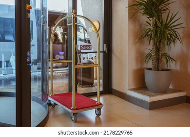 Antalya, Turkey 07 14 22 Hotel Luggage Cart , Baggage Trolley In The Hotel Lobby Hallway Background Or Bellman Luggage Cart