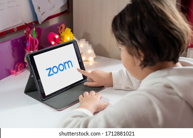 Antalya, TURKEY - April 24, 2020. Tablet Showing Zoom Cloud Meetings App Logo.