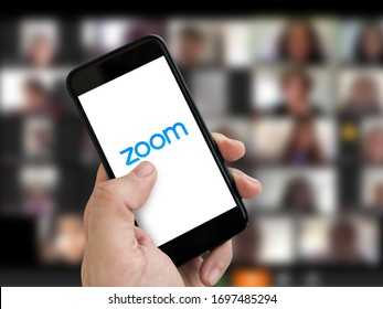 Antalya, TURKEY - April 6, 2020. Cell Phone Showing Zoom Cloud Meetings App Logo.