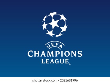 Antalya, Turkey - August 09, 2021: White Official UEFA Champions League logo printed on blue paper