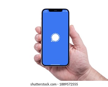 Antalya, TURKEY - January 08, 2021. IPhone 12 Cell Phone Screen Showing Signal Secret Messaging App Logo.