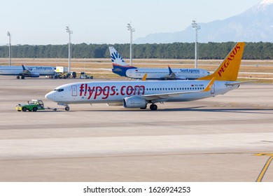 ANTALYA / TURKEY - JANUARY 24, 2020: Boing 737- 800 from Pegasus airline on push back in Antalya, Turkey.