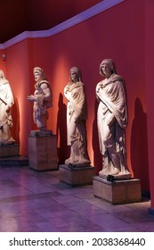 ANTALYA, TURKEY - Jul 17, 2014: A vertical shot of the statues of Greek and Roman gods and emperors in Antalya Museum, Turkey