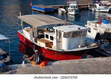 ANTALYA, TURKEY - JULY 08, 2018: Fishing Motor Boat In The Old City Marina (Roman Harbor) Of Antalya.