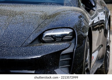 ANTALYA, TURKEY - Jun 17, 2021: A Closeup Shot Of A Porsche Taycan Turbo Hazard Lights On