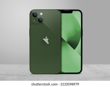 Antalya, Turkey - March 08, 2022: Newly released iphone 13 green color mockup set with back and front angles
