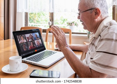 Antalya, TURKEY - May 27, 2020. Old Man Having Zoom Meeting Video Conferencing Call With His Family Via Computer. Stay At Home Zoom Meeting Concept During Coronavirus Pandemic