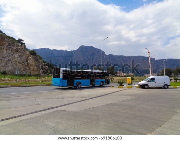 ANTALYA, TURKEY - MAY 9 2017: On the road through\
Antalya City. View to the roadside. Fifth-most populous city in\
Turkey. Asia Minor