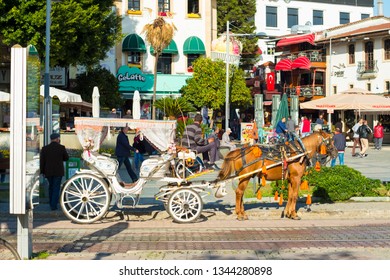 Antalya, Turkey - November 28, 2017: Waiting Horse Drawn Carriage For Tourists In Kaleici Old Town Side View