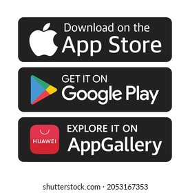 Antalya, Turkey - October 6, 2021: Download on the App Store, Get it on Google Play, Explore it on Huawei AppGallery button icons, printed on paper