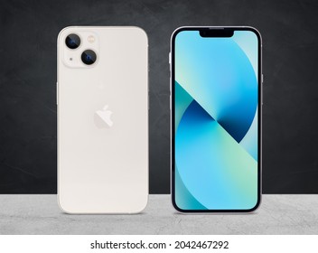 Antalya, Turkey - September 16, 2021: Newly released iphone 13 starlight color mockup set with back and front angles