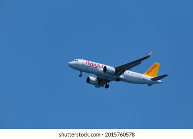 Antalya,Turkey 25 July 2021: Pegasus Airlines plane approaching runway to land at Antalya International Airport
