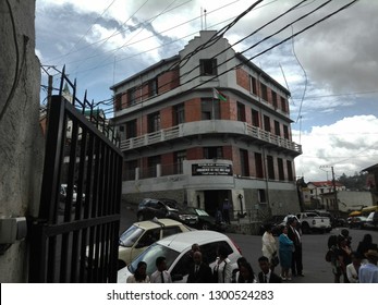 Antananarivo, Madagascar - January 27, 2019: View Naval Force Building Commandment And People Going Home From Church 