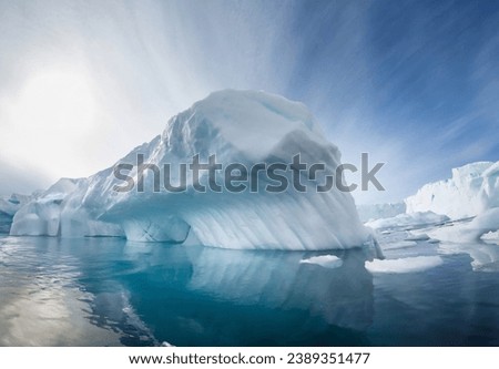 Antarctic landscape with icebergs and ice floes in the ocean