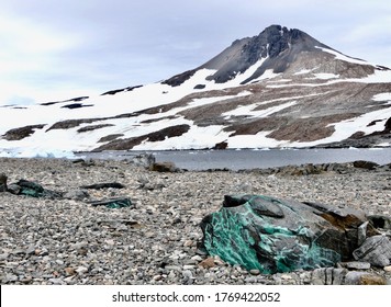 Antarctic stone landscape with green minerals and mountain, Antarctica