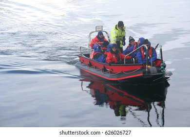 ANTARCTICA - DEC 12,  2006 - Polar landing boat returning tourists to cruise ship, ,Erreras Channel,  Antarctica