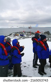 ANTARCTICA - DEC 14, 2006 - Cruise Ship Tourists Visiting Polar Research Station And Colony,Argentine Base Esperanza,Antarctica