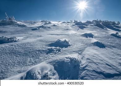 Antarctica Ice Desert Landscape. Snowy Hills On A Frozen Plain