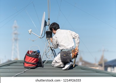 Antenna Installation Works At A Rooftop.