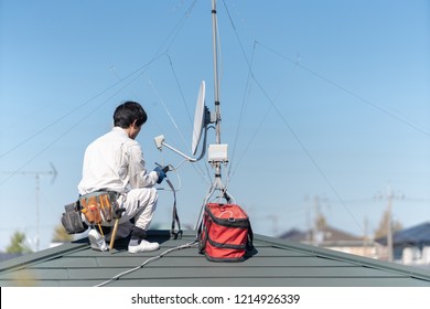 Antenna Installation Works At A Rooftop.