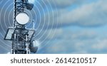 antenna tower as phone base station  with radio waves isolated on cloudy sky background, concept with copy space for wireless and mobile communication, tv and internet