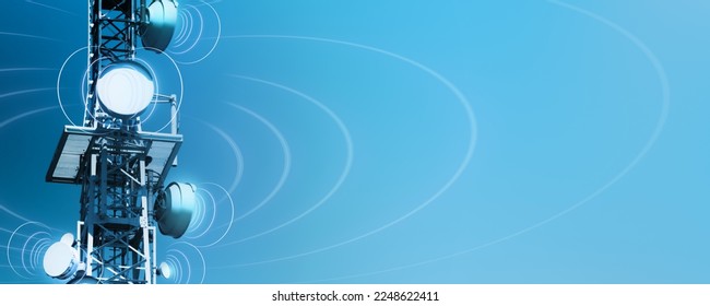 antenna tower as phone base station with radio waves on blue background, illustration concept with copy space for wireless communication for tv, internet and mobile communication