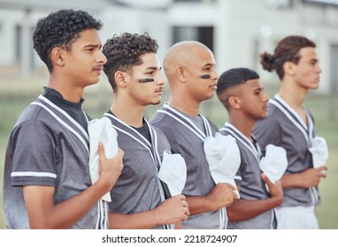 Anthem, baseball and field with team, national and proud with hat, hand and chest for respect at game. Man, diversity and sports in teamwork, contest or baseball player in group, focus or attention - Powered by Shutterstock