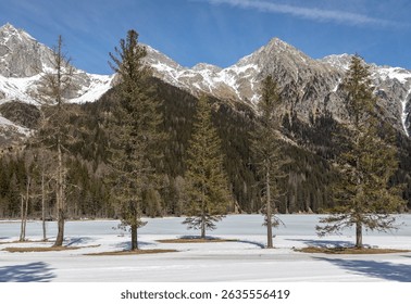 The Antholz lake in the dolomiti mountains