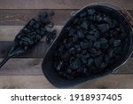 Anthracite nut coal in a coal scuttle with an ash shovel filled with coal