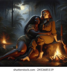 Anthropomorphic artistic image of a barefoot, very beautiful, very curvy, voluptuous plus-size black woman with long, flowing hair wearing a camouflage bodysuit with an ammo strap around her thigh, sitting by by a campfire in the jungle at night, hugging