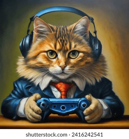 Anthropomorphic artistic image of a fluffy  cat with a smile on his face  dressed as a gamer with headphones, a controller in his paws  with the video game in the screes 