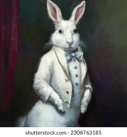 Anthropomorphic artistic image of white rabbit