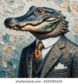 Anthropomorphic painting of alligator dressed as a lawyer in style of jasper johns