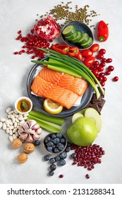 Anti Aging Foods On Light Background. Food For Healthy Heart, Brain And Good Memory. High In Antioxidants, Minerals And Vitamins. Top View, Flat Lay, Copy Space