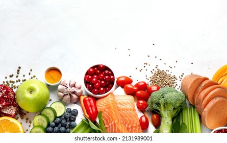 Anti Aging Foods On Light Background. Food For Healthy Heart, Brain And Good Memory. High In Antioxidants, Minerals And Vitamins. Top View, Flat Lay, Copy Space