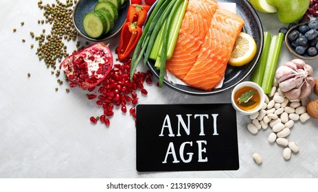 Anti Aging Foods On Light Background. Food For Healthy Heart, Brain And Good Memory. High In Antioxidants, Minerals And Vitamins. Top View, Flat Lay, Copy Space